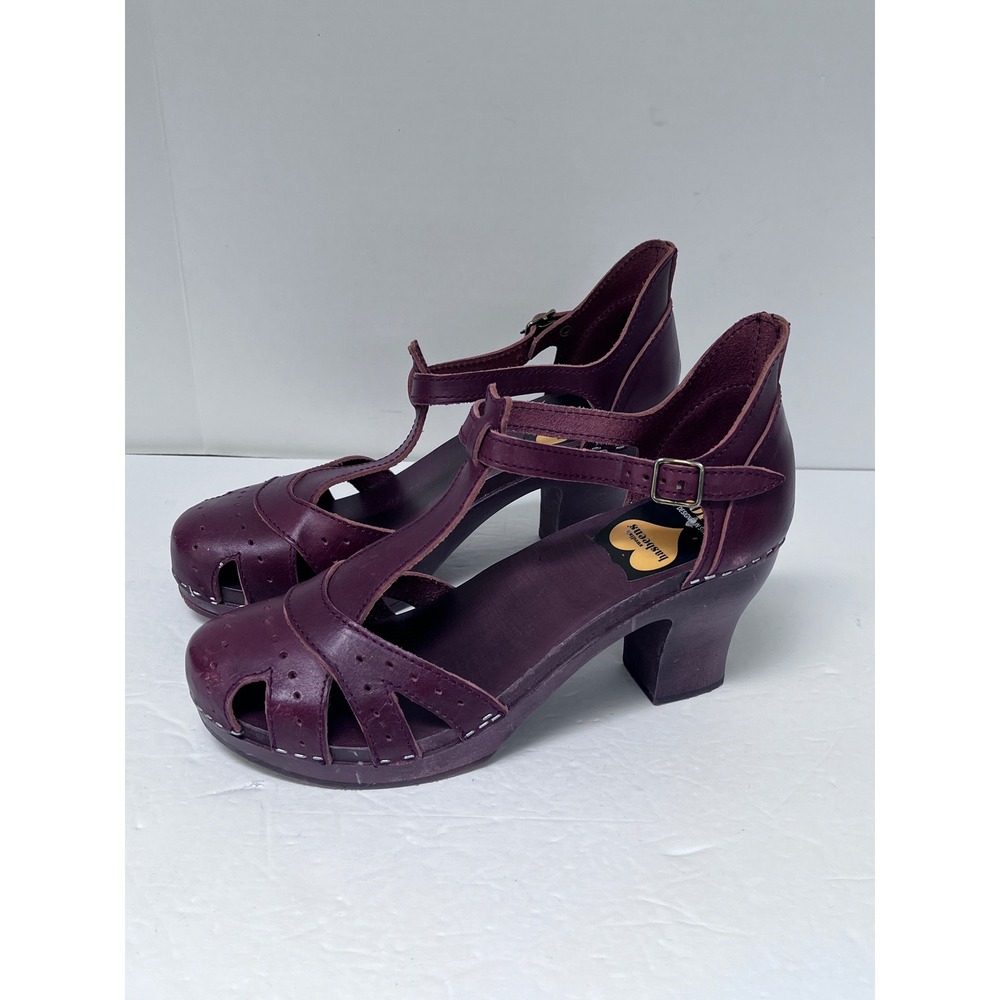 Swedish Hasbeens T-Strap Luxury Clogs Brown Leather Wood Heel Sandals (41) 9.5 - Picture 3 of 10
